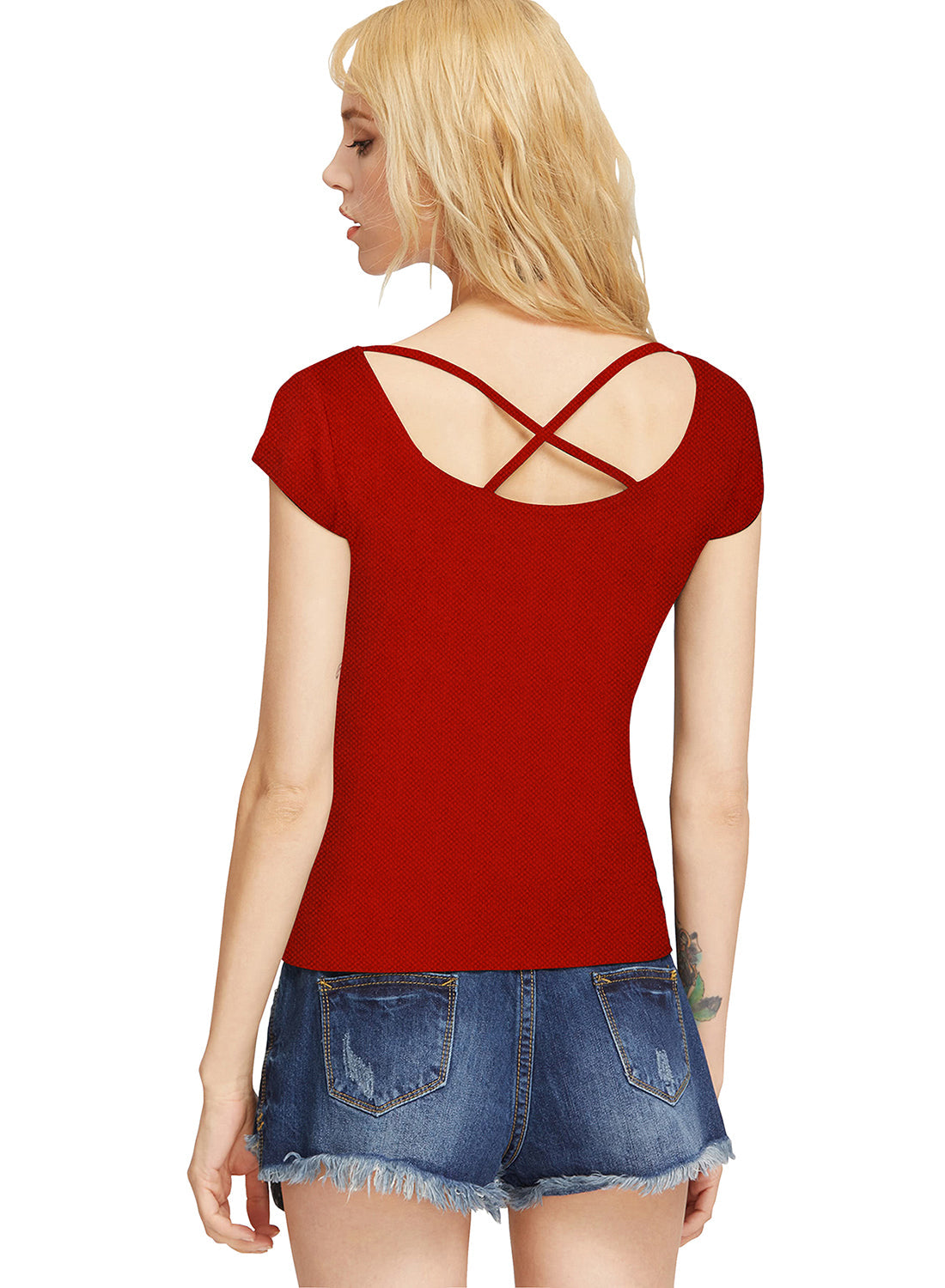 Short Sleeve Criss-cross Solid Wester Wear Women Top