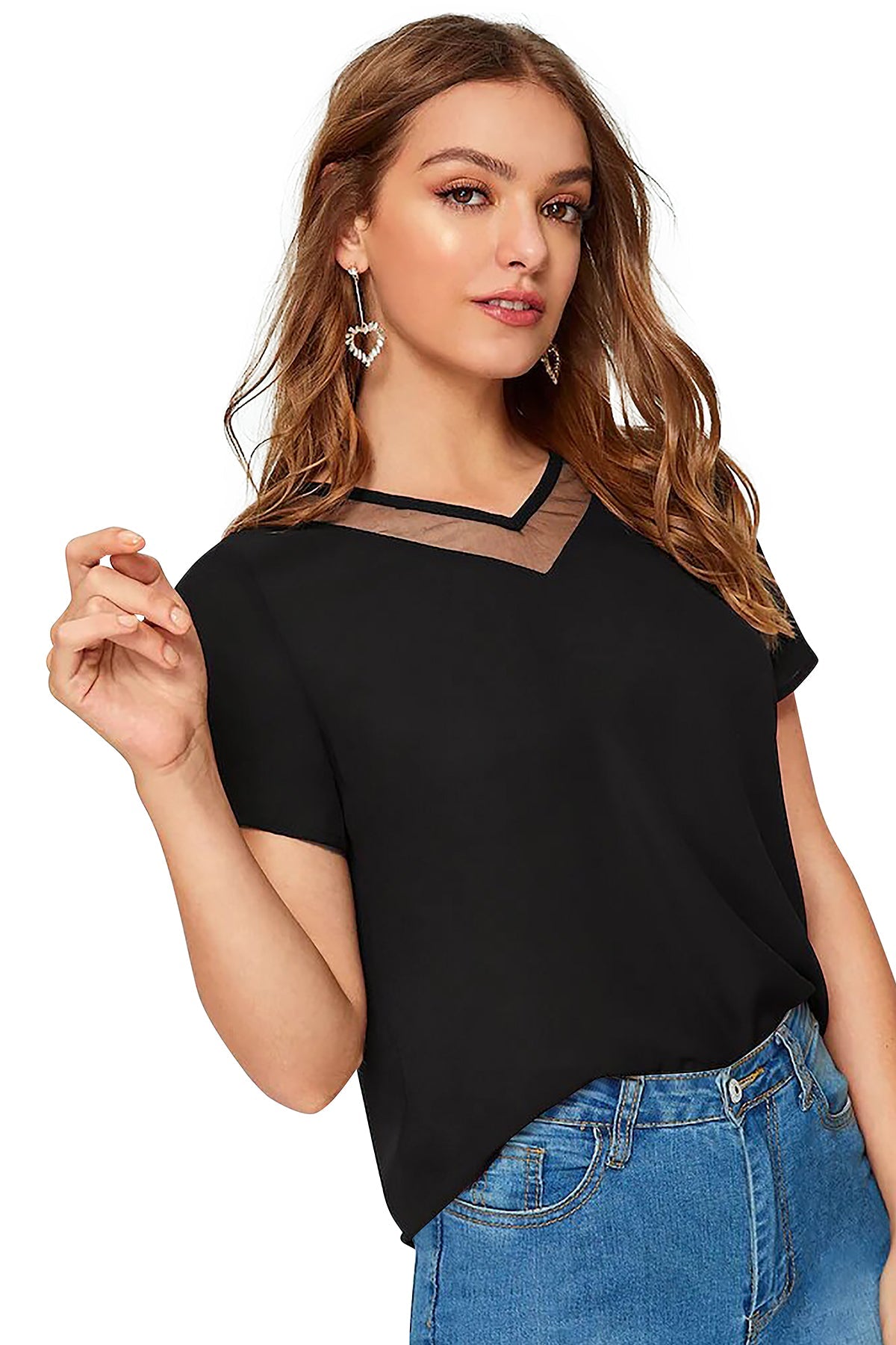 Women Solid Net V-Neck Short Sleeve Top