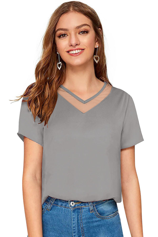 Women Solid Net V-Neck Short Sleeve Top