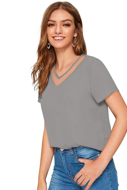 Women Solid Net V-Neck Short Sleeve Top