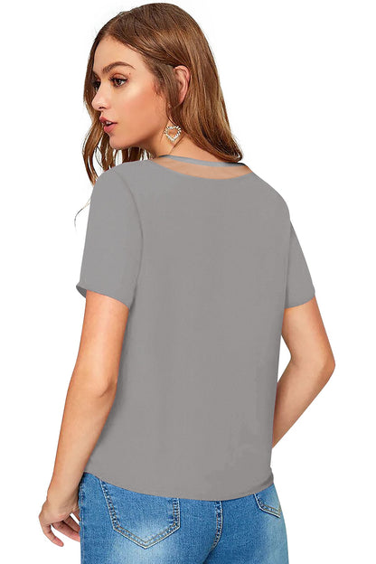 Women Solid Net V-Neck Short Sleeve Top