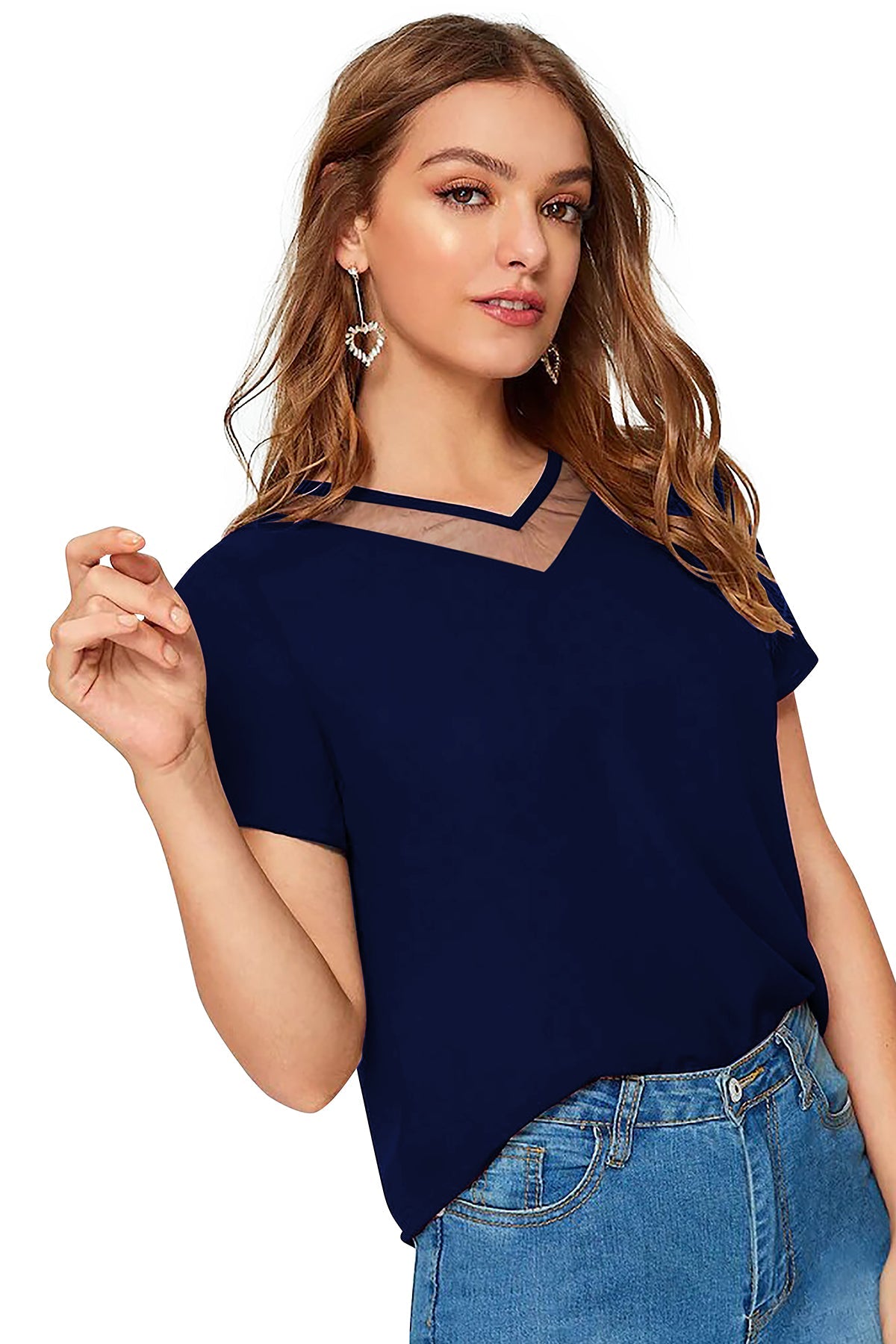 Women Solid Net V-Neck Short Sleeve Top