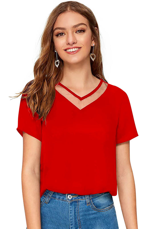 Women Solid Net V-Neck Short Sleeve Top