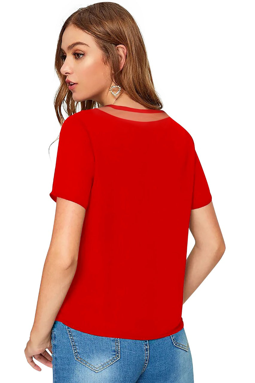 Women Solid Net V-Neck Short Sleeve Top