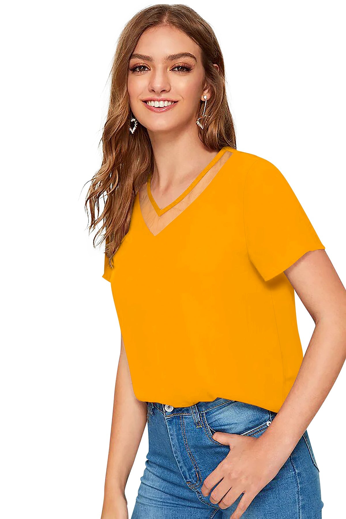 Women Solid Net V-Neck Short Sleeve Top