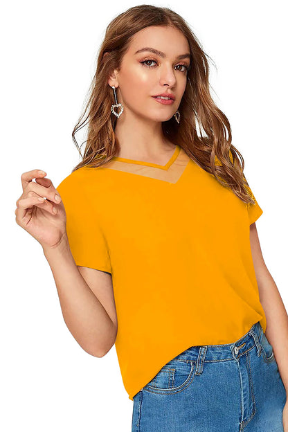 Women Solid Net V-Neck Short Sleeve Top