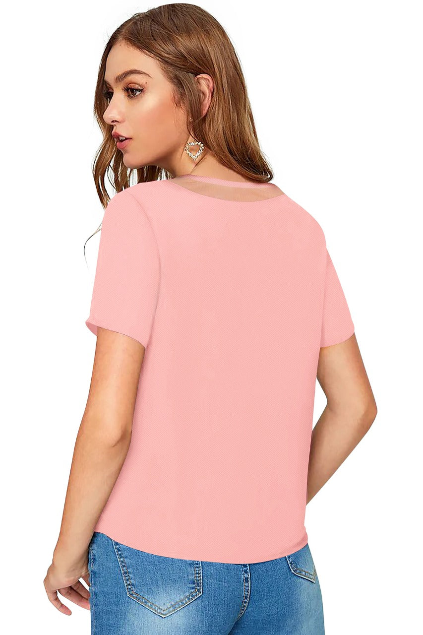 Women Solid Net V-Neck Short Sleeve Top