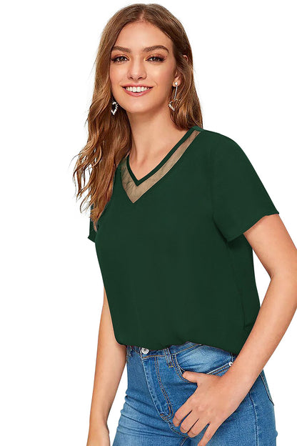 Women Solid Net V-Neck Short Sleeve Top