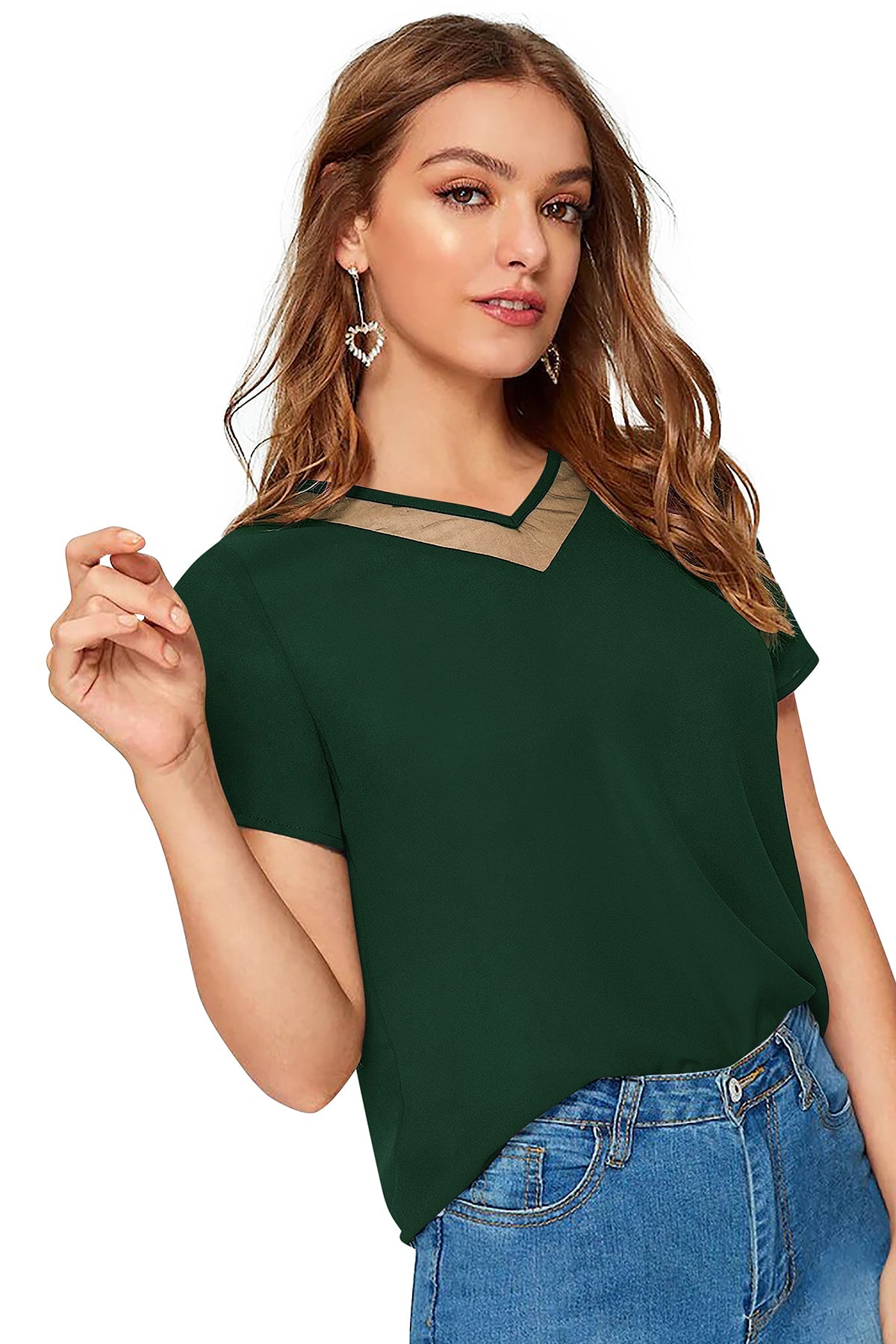 Women Solid Net V-Neck Short Sleeve Top