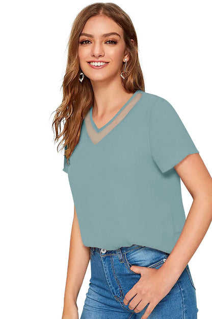 Women Solid Net V-Neck Short Sleeve Top