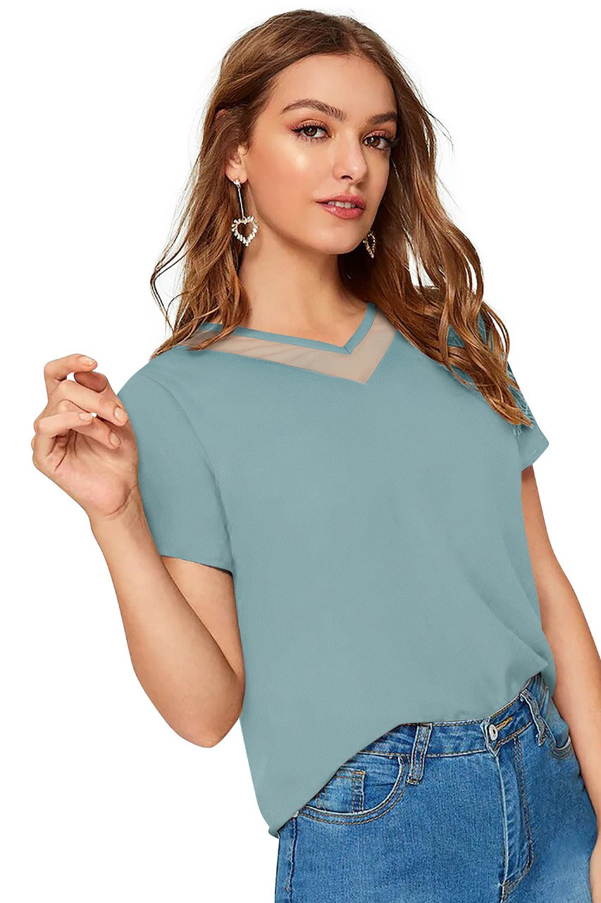 Women Solid Net V-Neck Short Sleeve Top