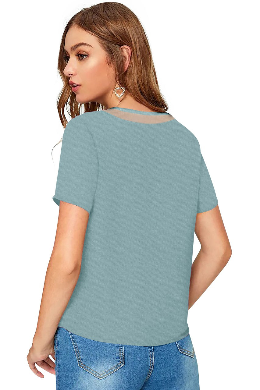 Women Solid Net V-Neck Short Sleeve Top