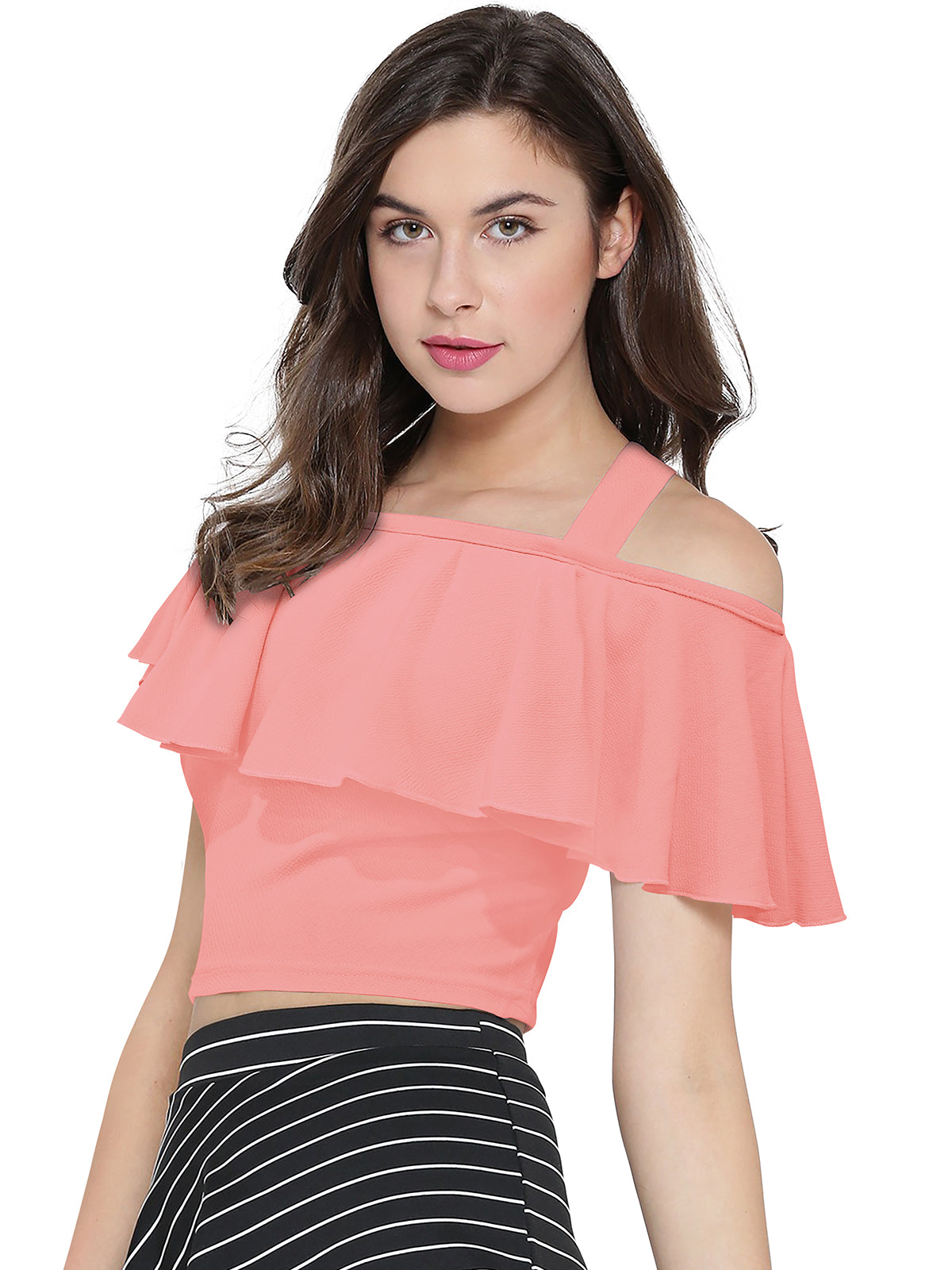 Women Solid one side Off-Shoulder Neck Ruffled Crop Bardot Top