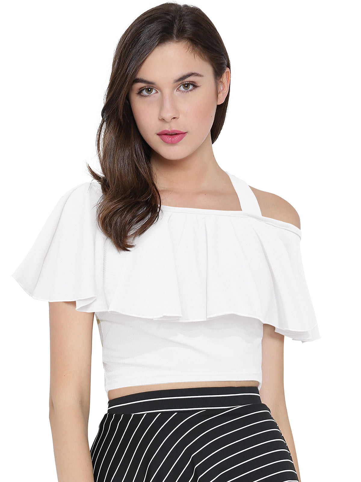 Women Solid one side Off-Shoulder Neck Ruffled Crop Bardot Top