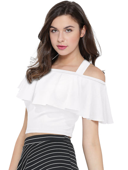 Women Solid one side Off-Shoulder Neck Ruffled Crop Bardot Top