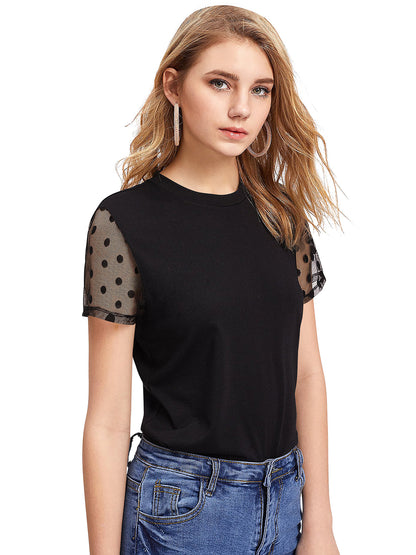 Women Solid Round Neck Net Sleeves Cropped Top