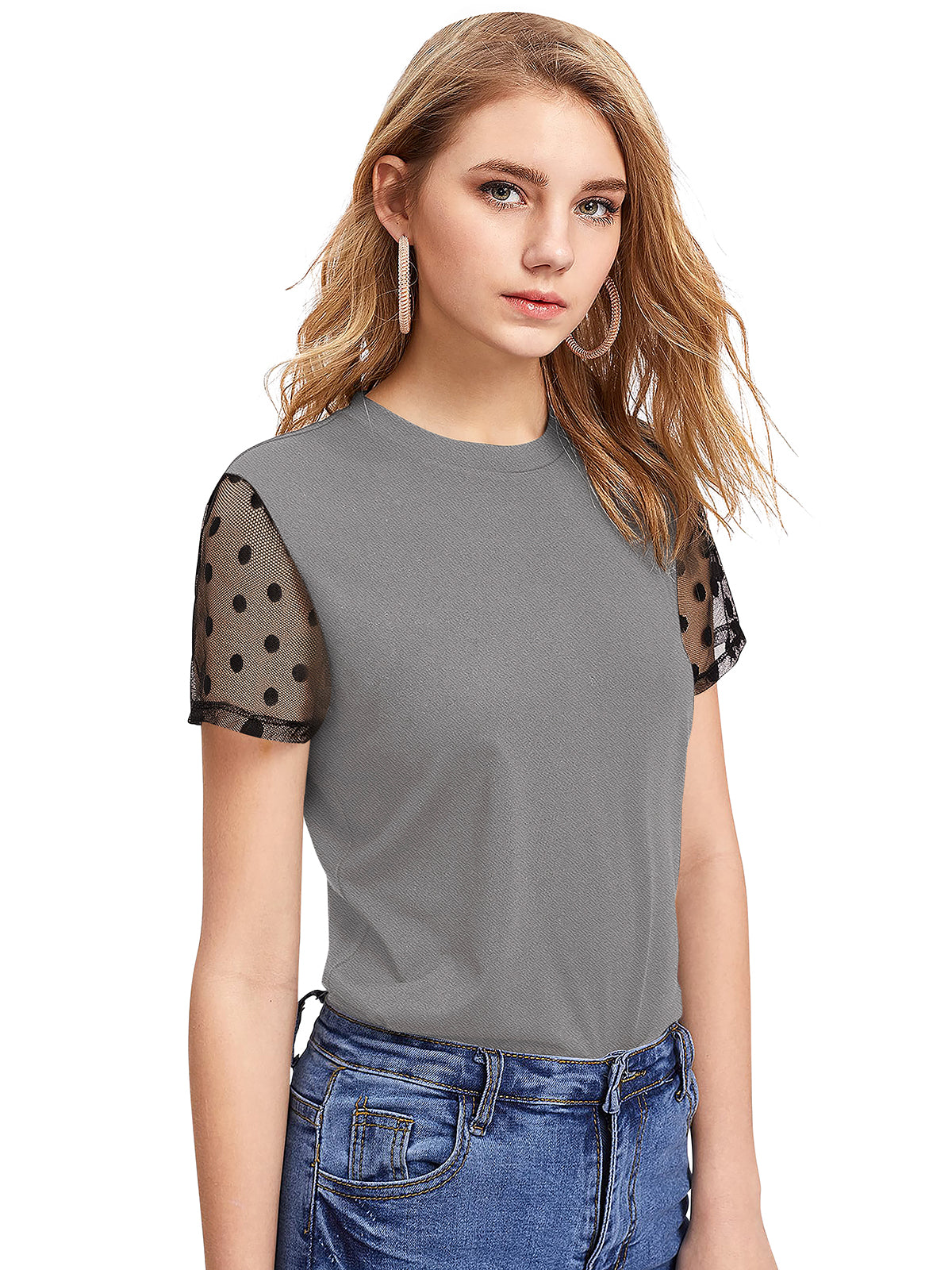 Women Solid Round Neck Net Sleeves Cropped Top