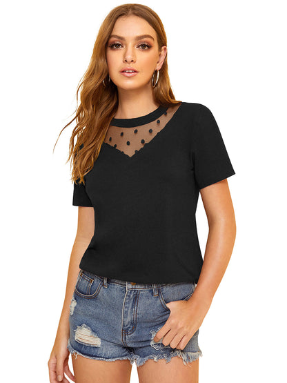 Women Black V-Neck Short Sleeve Crepe Regular Top