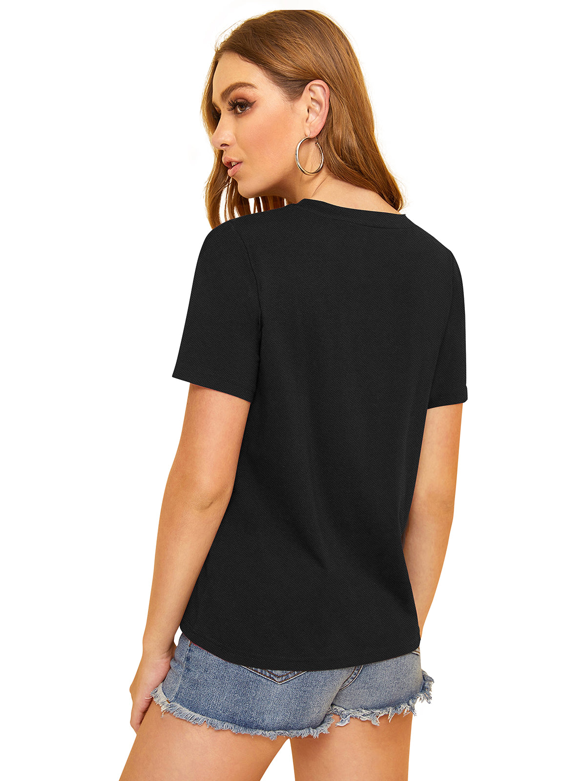 Women Black V-Neck Short Sleeve Crepe Regular Top