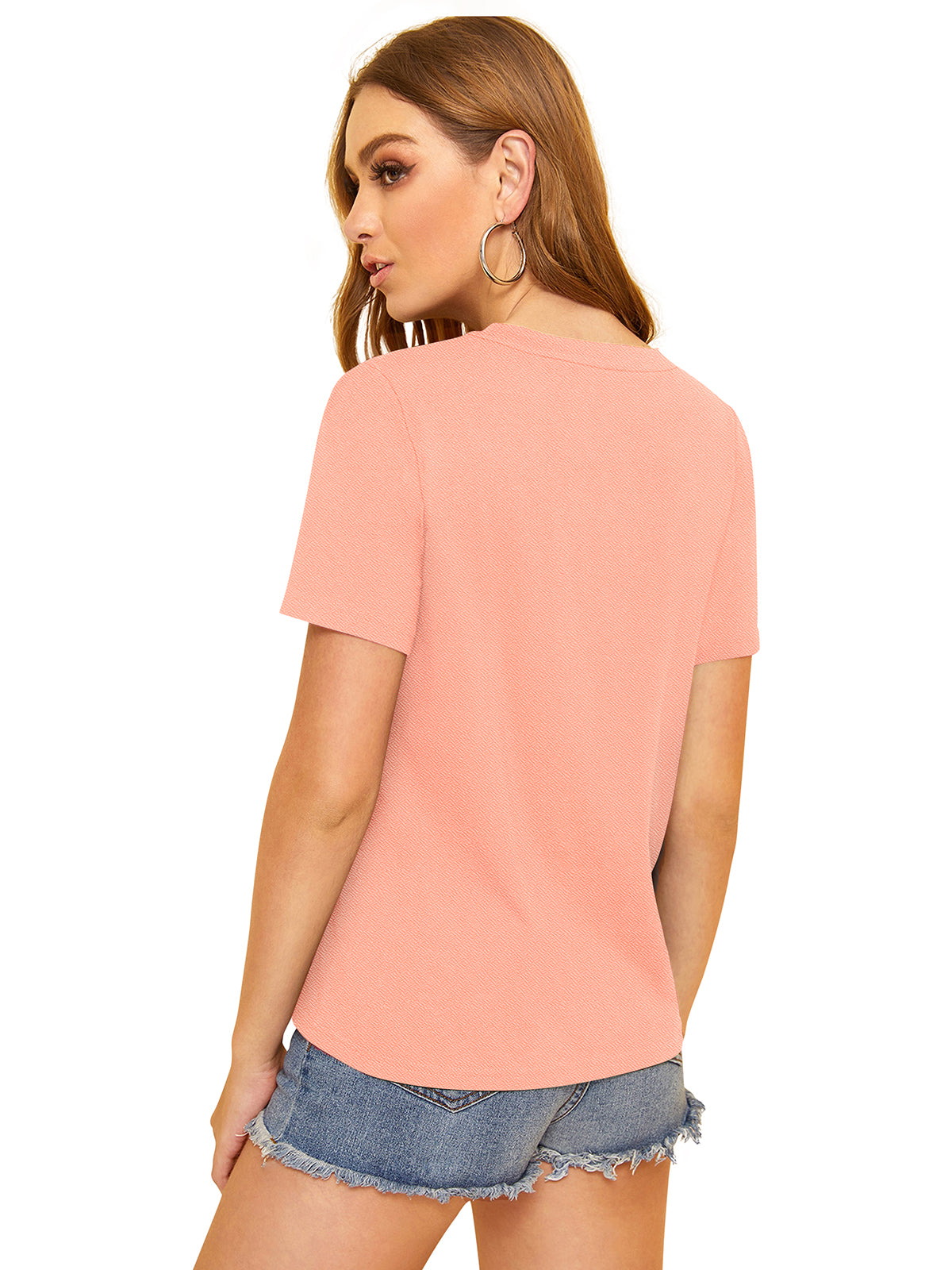 Women Peach V-Neck Short Sleeve Crepe Regular Top