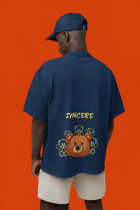 Dark Blue Cotton Oversize Tees Graphic "Sincere Bear"