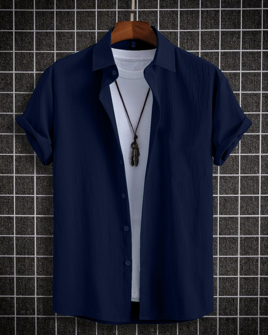 Delightful Navy Blue  Seersucker Half Sleeve Shirt